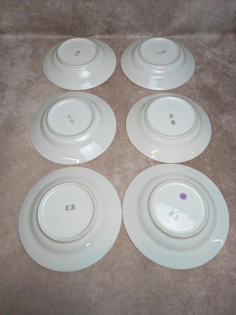 Lot 6 assiettes creuses porcelaine de Limoges décor floral bleu et rose