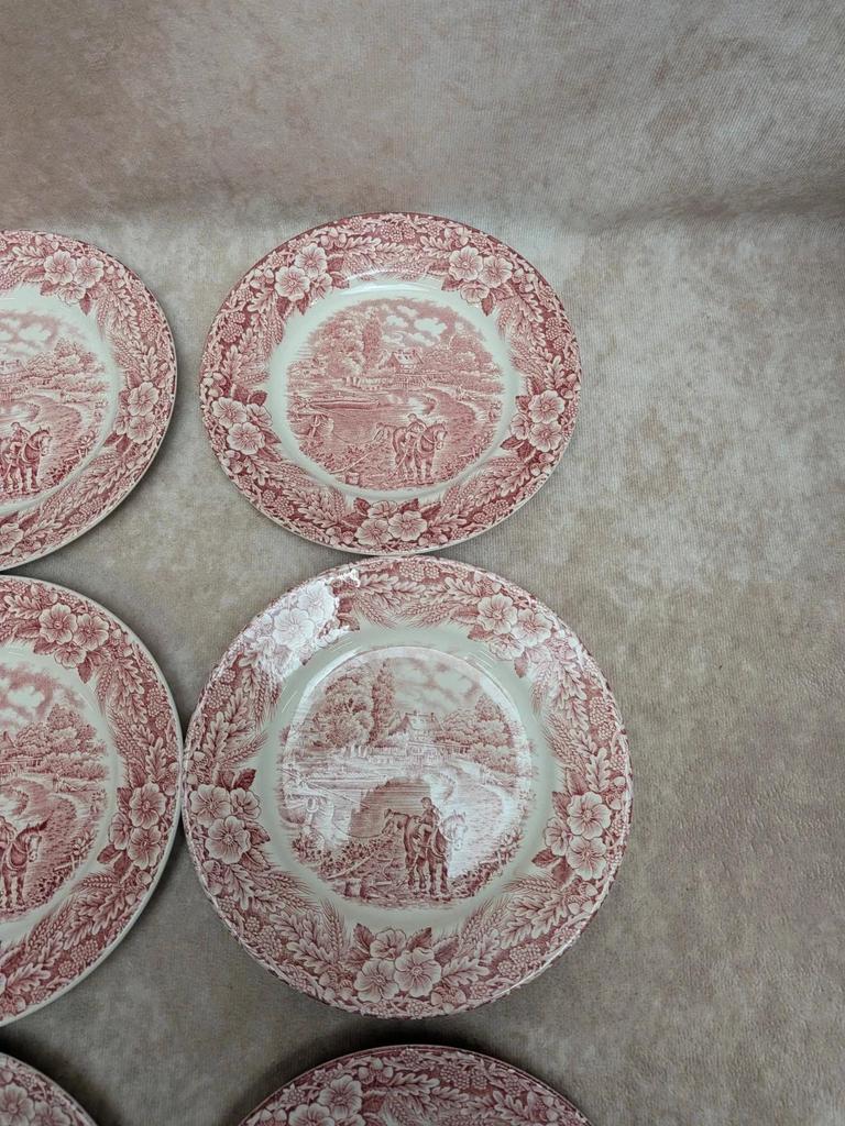 Assiettes à dessert anglaises terre de fer J Broadhurst Constable Series toile de Jouy rouge