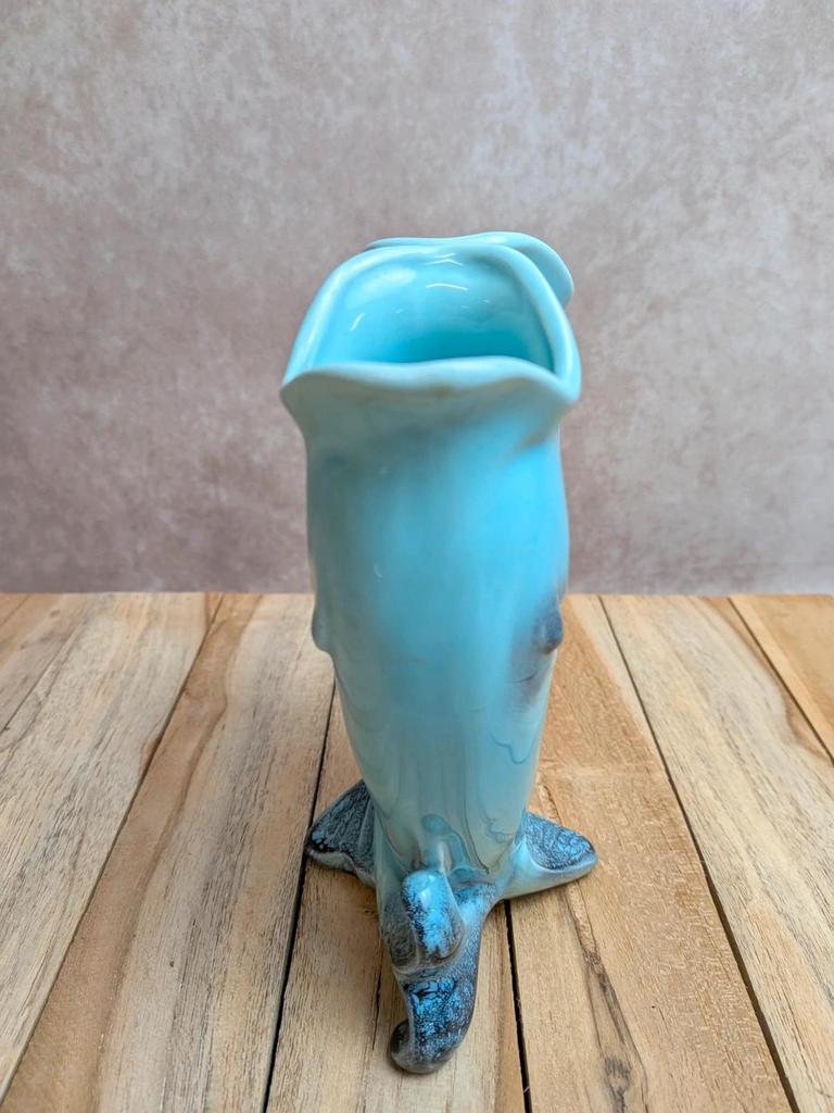 Vase double poisson en barbotine bleu turquoise – Céramique vintage