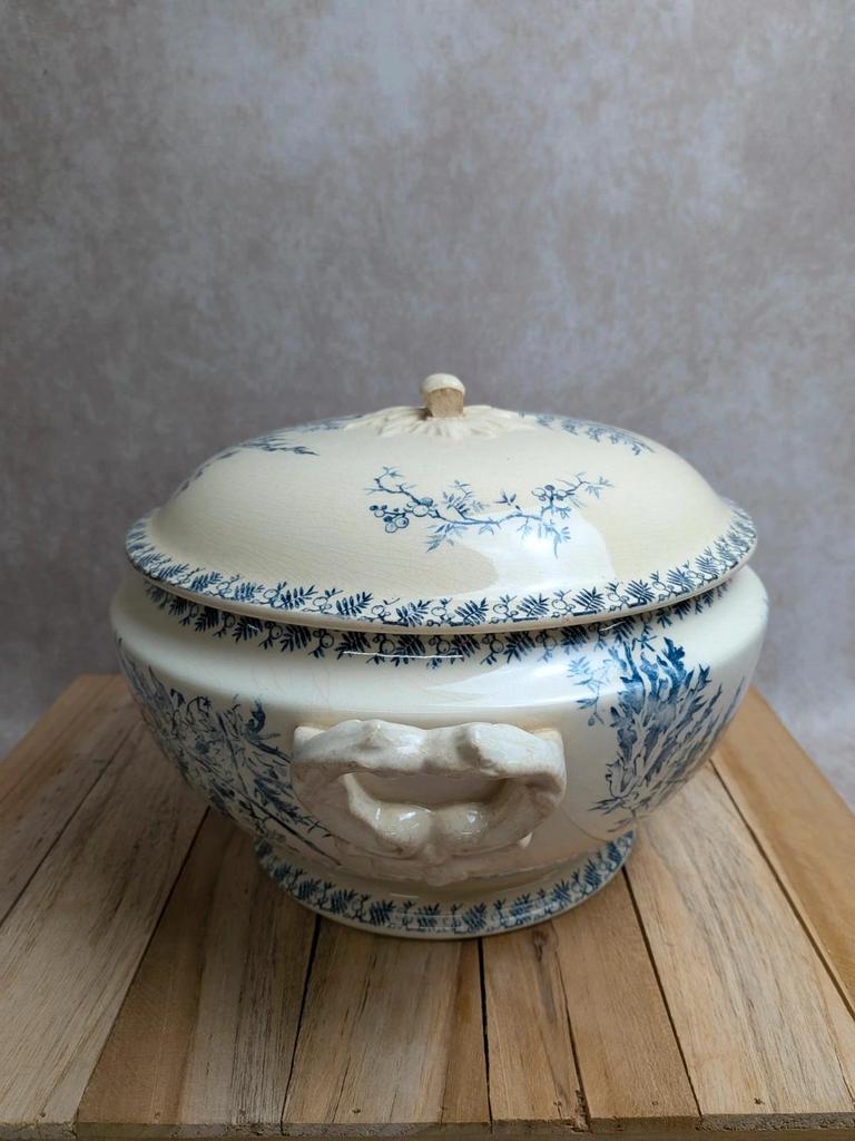 Soupière ancienne en terre de fer Gien – Modèle Fougère – Décor bleu