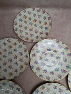 Lot de 9 assiettes à dessert anciennes en porcelaine fleurie