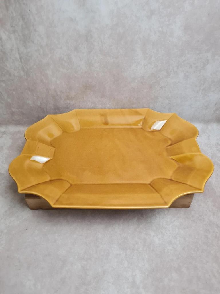 Grand plateau plat Gien France jaune moutarde vintage 🧡