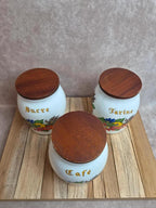 Lot de 3 pots à provisions vintage Brf – Café, Farine et Sucre – verre opalin