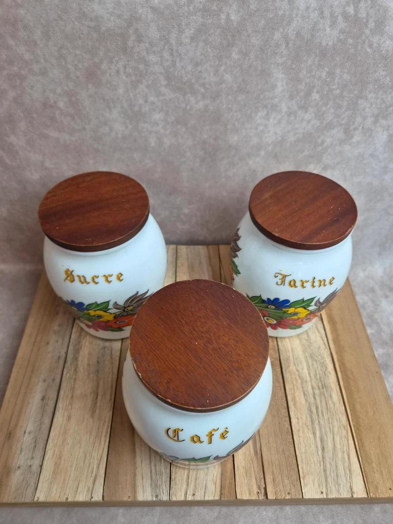 Lot de 3 pots à provisions vintage Brf – Café, Farine et Sucre – verre opalin
