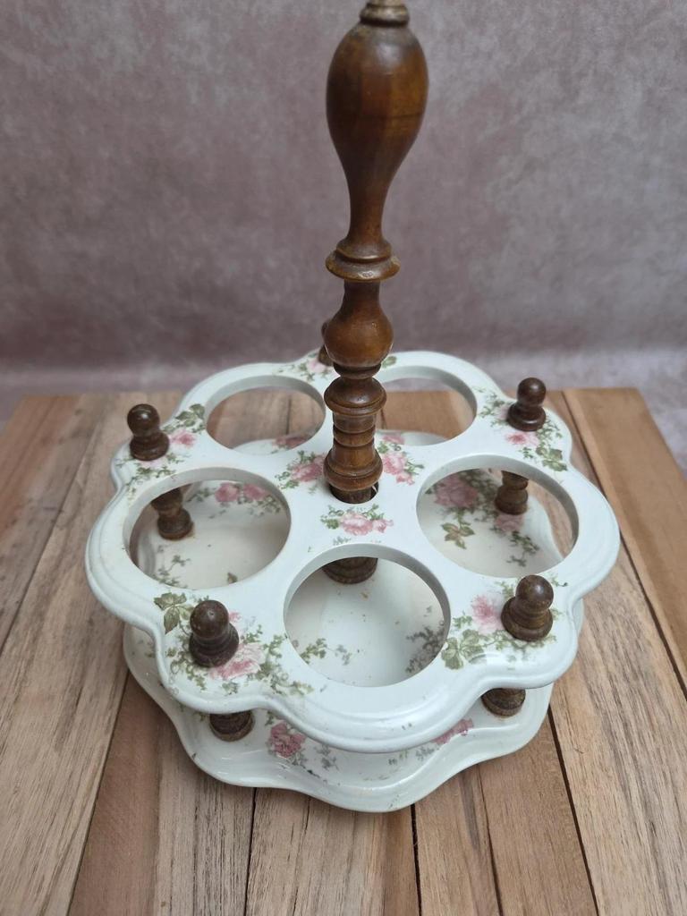 Serviteur ancien à huile, vinaigre & condiments Salins – terre de fer & verre – décor floral