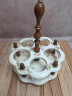 Serviteur ancien à huile, vinaigre & condiments Salins – terre de fer & verre – décor floral