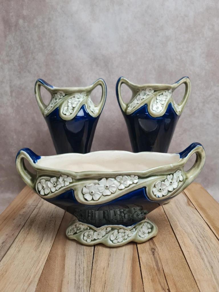 Trio de cheminée ancien Gustave De Bruyn Fives Lille faïence Art nouveau 🌿💙