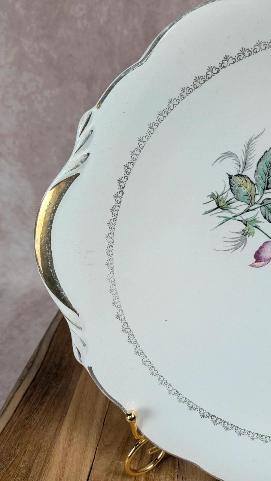 Plat à gâteau et 10 assiettes à dessert Digoin Sarreguemines – décor floral vintage
