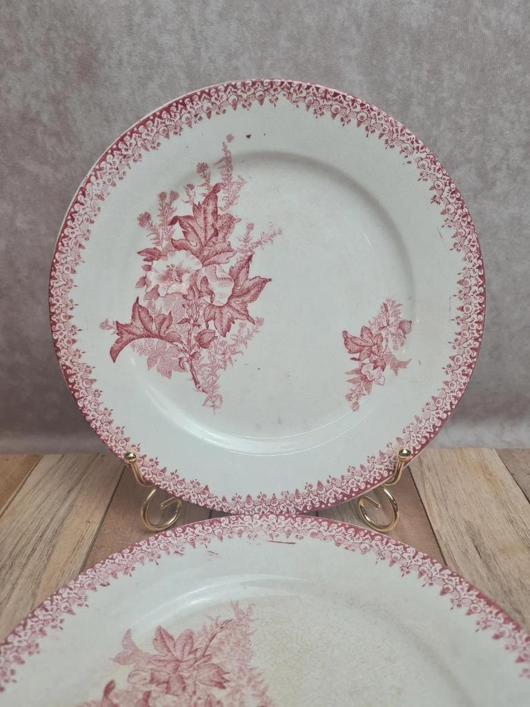 Lot de 2 assiettes à dessert anciennes Églantine Onnaing – décor rouge fleuri 🌿🍓