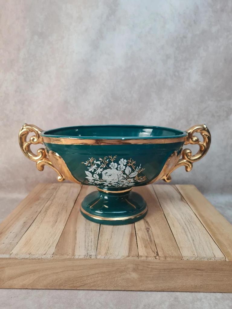 Coupe sur pied vintage italienne Cal vert profond & dorures – centre de table élégant 🌿💛