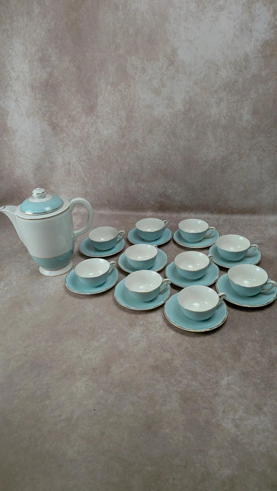 Service à thé vintage bleu céladon – théière Lunéville + 10 tasses Ceranord
