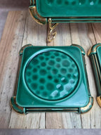 Ensemble Poët-laval dessous de plat et 2 dessous de bouteille céramique verte vintage