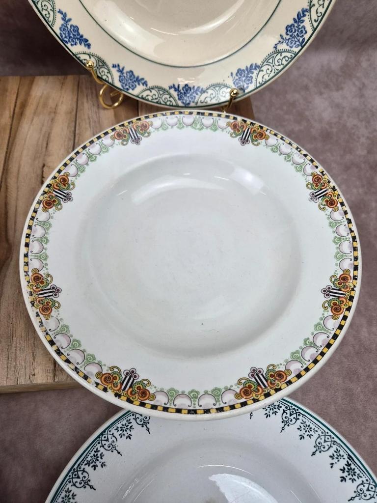 Lot de 6 assiettes creuses dépareillées vintage Terre de Fer & faïence ancienne