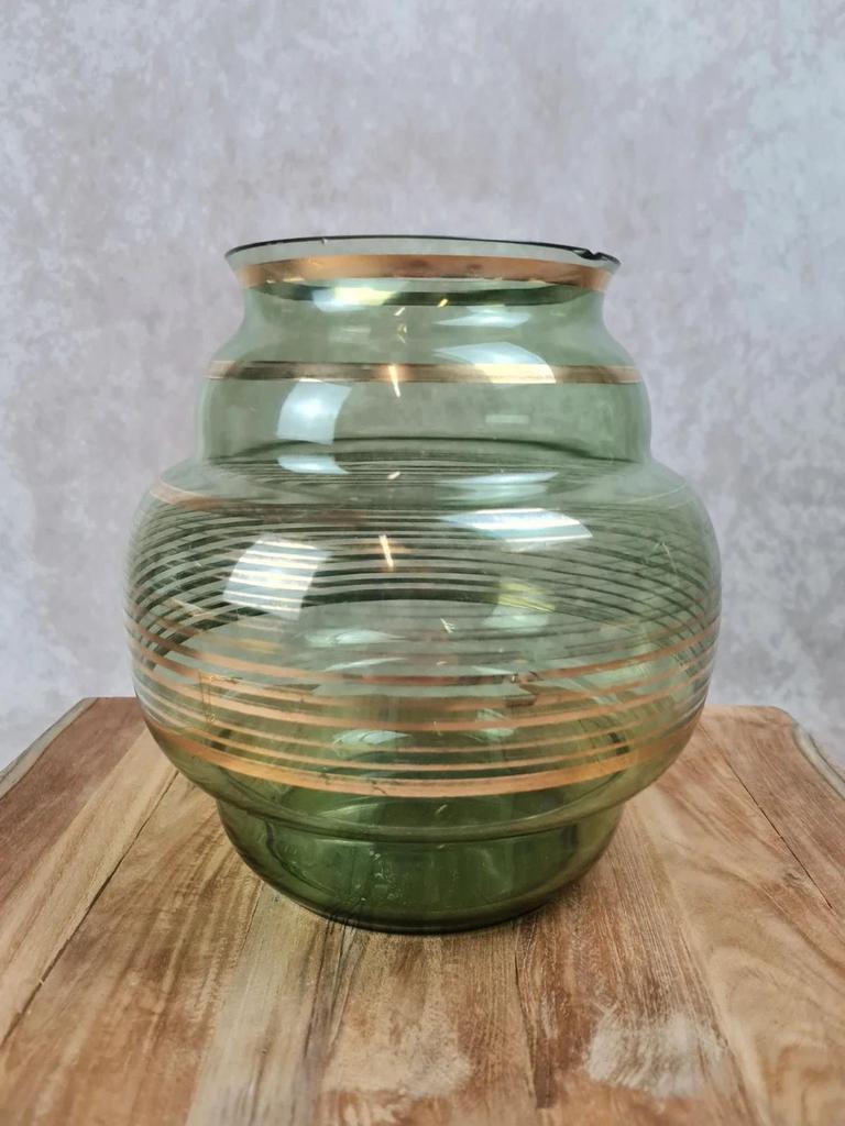 🪞 Grand vase ancien en verre vert doré signé Fains