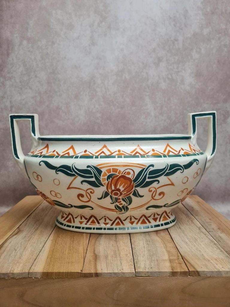 Jardinière Art Déco Moulin des Loups Orchies – décor stylisé vert & terracotta – double anse