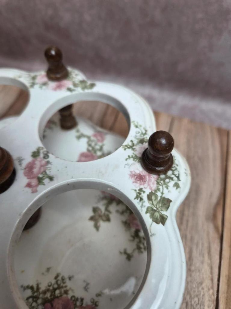 Serviteur ancien à huile, vinaigre & condiments Salins – terre de fer & verre – décor floral