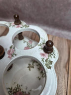 Serviteur ancien à huile, vinaigre & condiments Salins – terre de fer & verre – décor floral