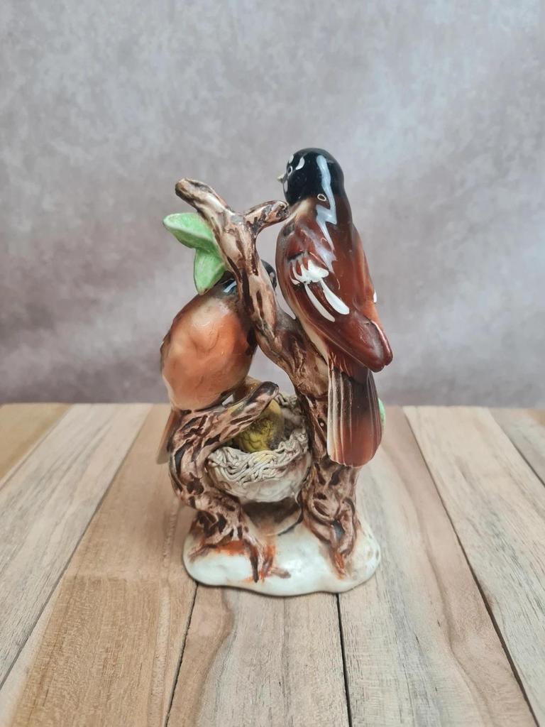 Figurine oiseaux barbotine vintage nid oisillon décor nature