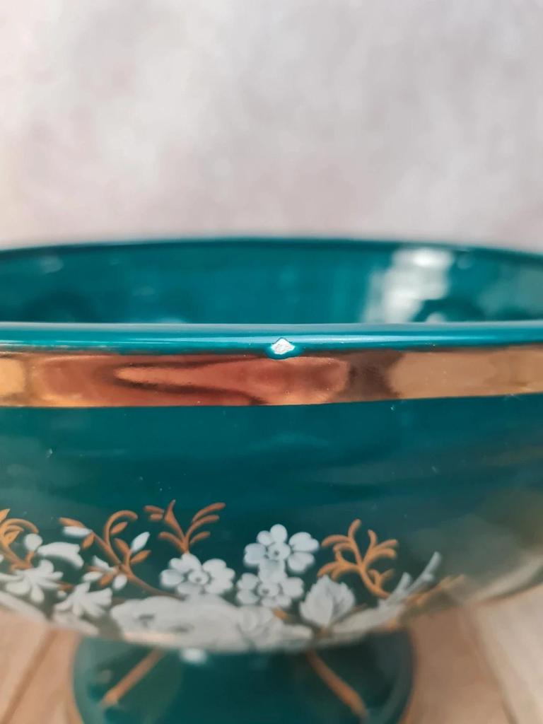 Coupe sur pied vintage italienne Cal vert profond & dorures – centre de table élégant 🌿💛