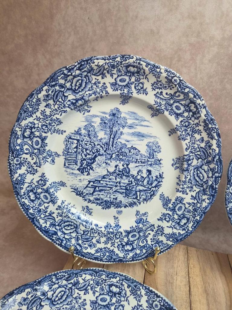 Lot de 6 assiettes plates décor Toile de Jouy bleu – Style Lunéville / campagne romantique