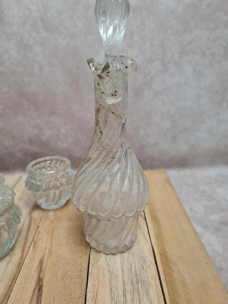 Huilier vinaigrier ancien Gien Clara terre de fer présentoir flacons verre Xixe 🏺
