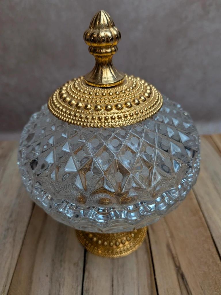 Bonbonnière vintage style Hollywood Regency – verre taillé et métal doré