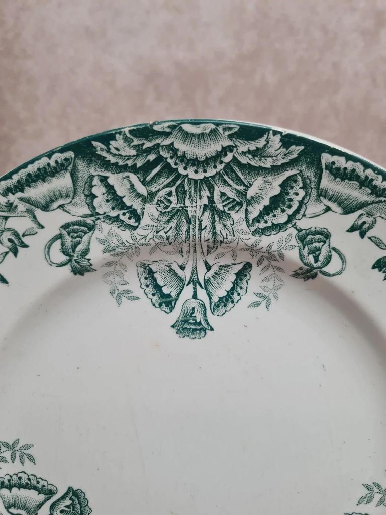 Assiette plate ancienne Terre de fer A. Lebacqz & M. Bouchard – décor Floral vert 💚