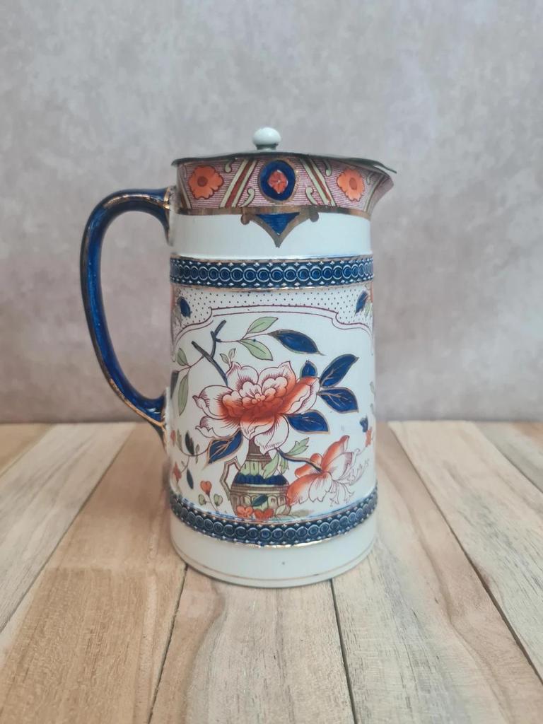 Pichet ancien Burleigh Ware Angleterre décor floral doré bleu cobalt avec couvercle