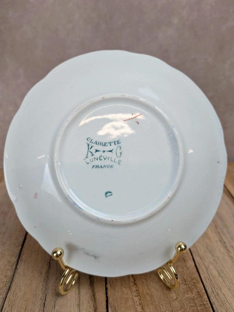 Tasse et soucoupe anciennes Terre de Fer Lunéville Kg – Modèle Clairette – Polychrome
