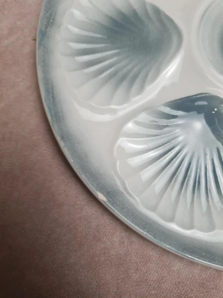 Lot 12 assiettes à huîtres + plat Moulin des Loups – service ancien bleu gris 🌊🦪