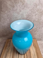 Grand vase vintage italien style Empoli en verre opalin bleu et blanc 31 cm