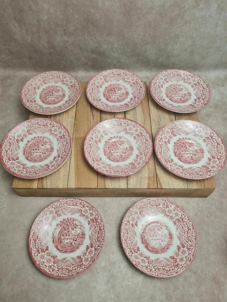 Lot 8 tasses + soucoupes vintage toile de Jouy rouge, Broadhurst Staffordshire