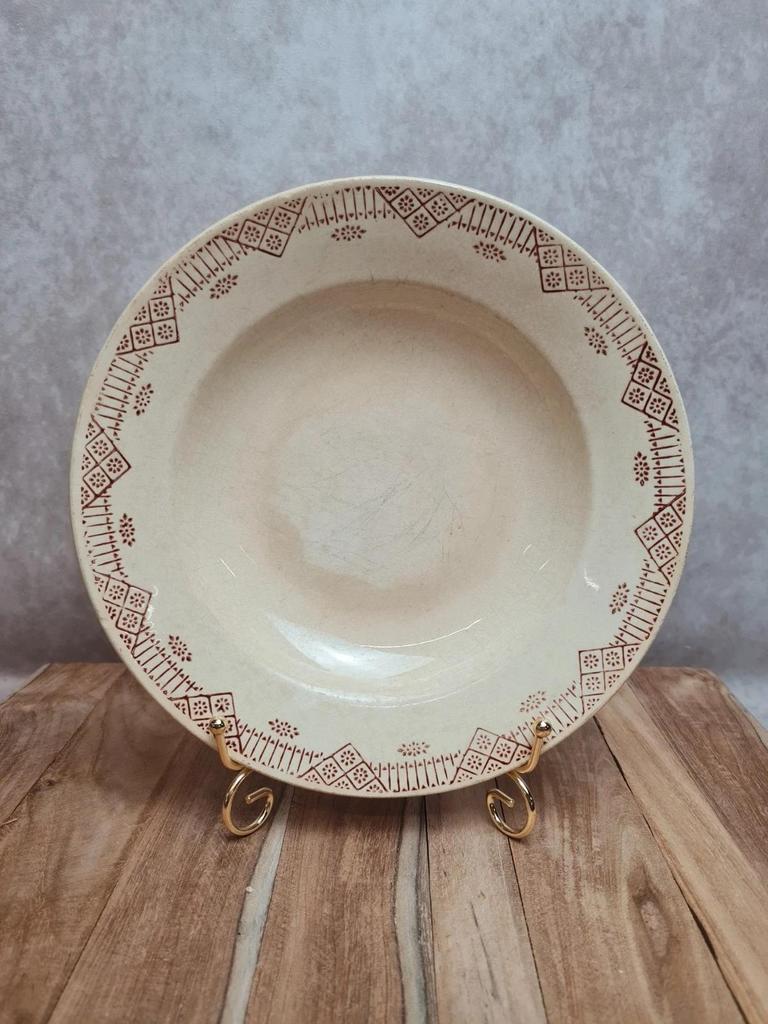 Assiette ancienne Gien faïence décor géométrique brun – esprit campagne