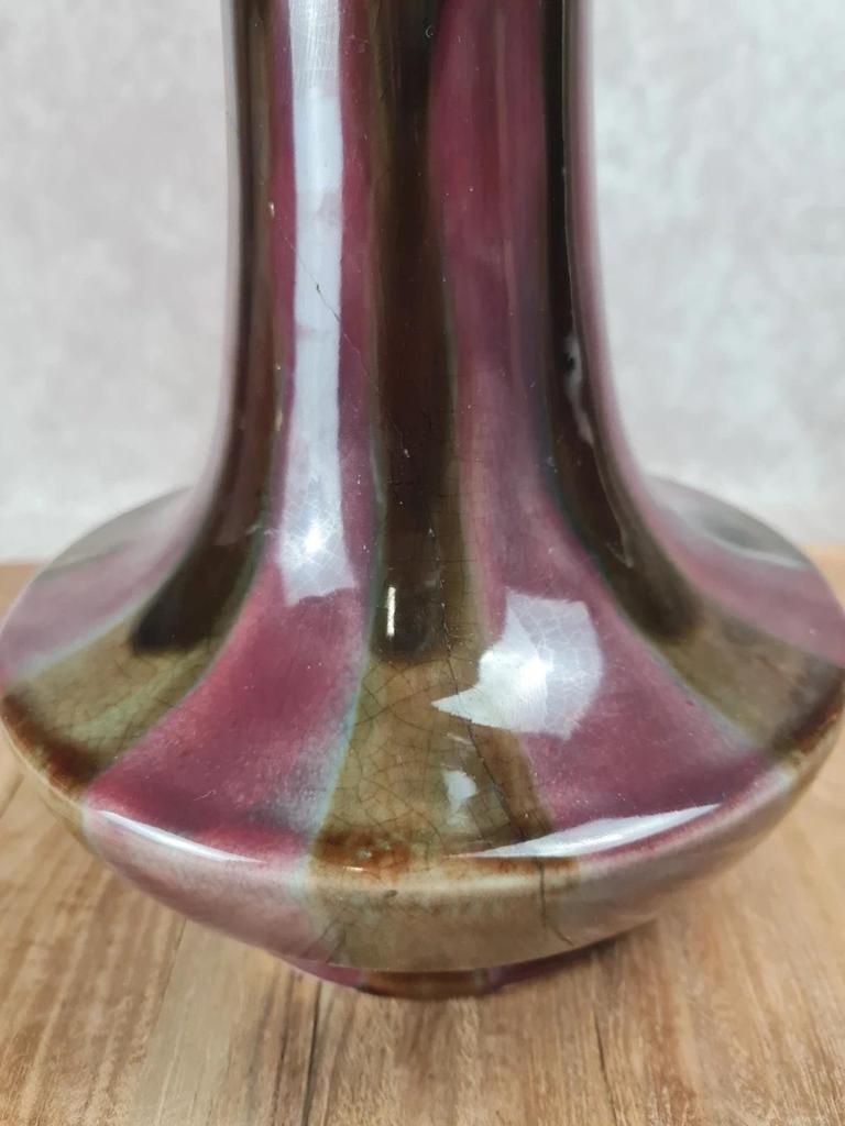 Grand vase ancien Fives-lille – signé Gustave De Bruyne 💐 Émail flammé vert & lie-de-vin