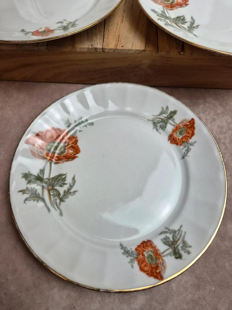 Lot de 5 assiettes à dessert en porcelaine – Décor floral coquelicots