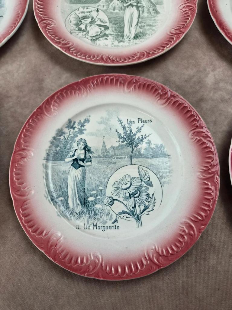 Série complète 12 assiettes parlantes Digoin Sarreguemines, terre de fer, Les Fleurs vintage