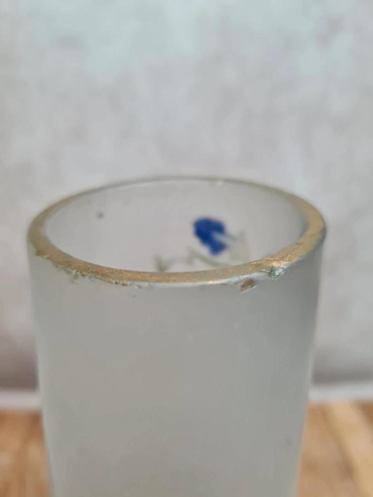 Vase ancien en verre givré décor iris peint main en relief signé Hr 🌿