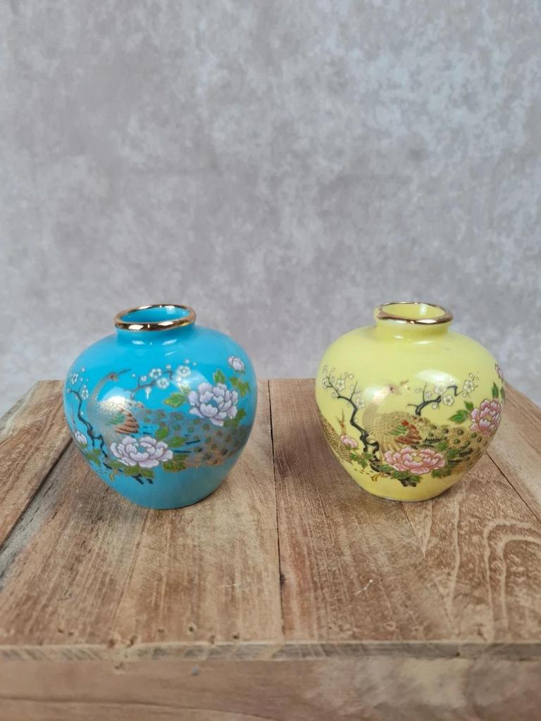 🌸 Paire de mini vases cloisonnés vintage – Décor paons & pivoines