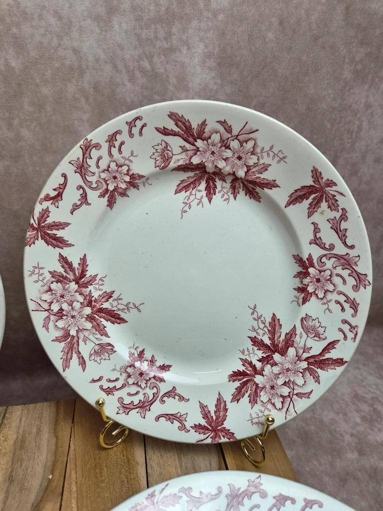 Lot de 4 assiettes plates vintage Amandinoise modèle Anémone 🌸 Terre de fer ancienne décor bordeaux