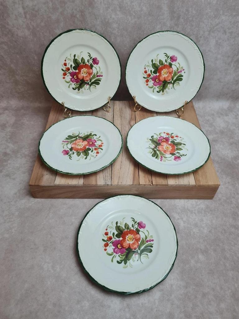 Lot de 5 assiettes à dessert vintage Pagnossin – décor floral 🌸 liseré vert