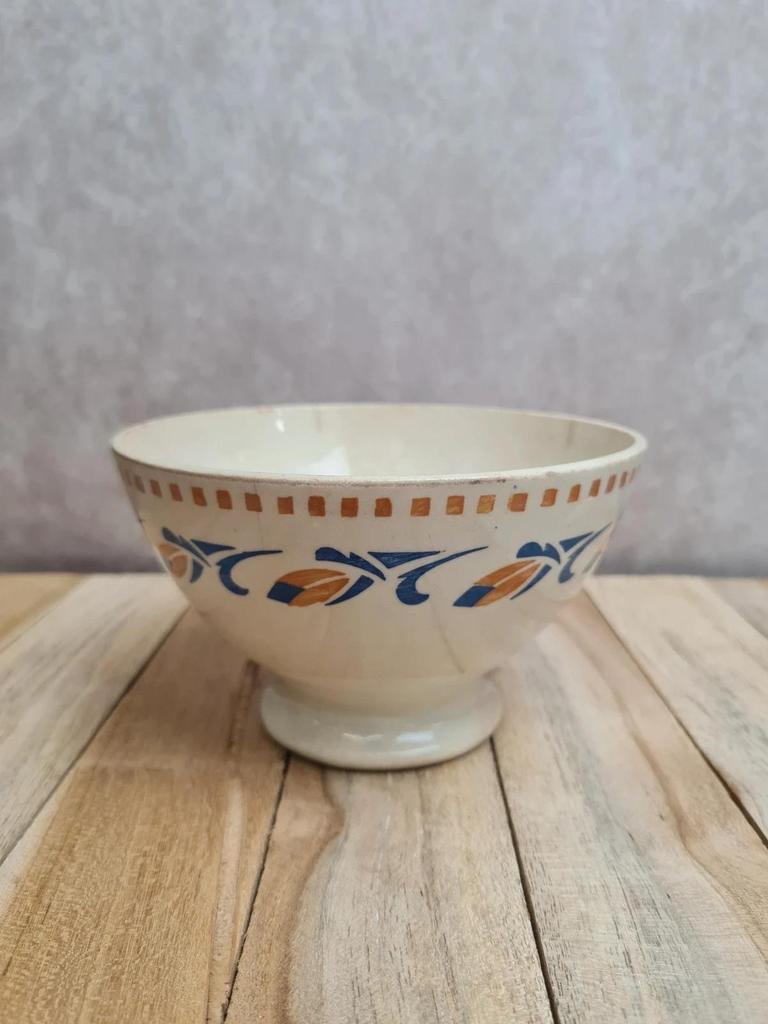 Bol ancien en terre de fer décor bleu et ocre vintage