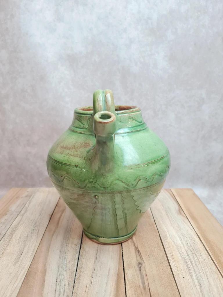 Potiche / cruche en grès vernissé vert – style artisanal vintage