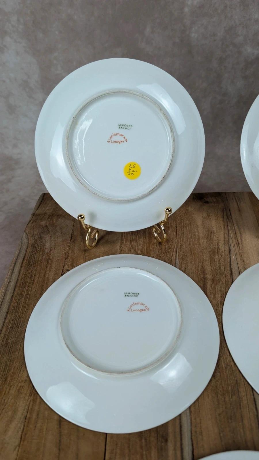 Lot de 5 petites assiettes anciennes Limoges A. Lanternier – décor fleuri rose