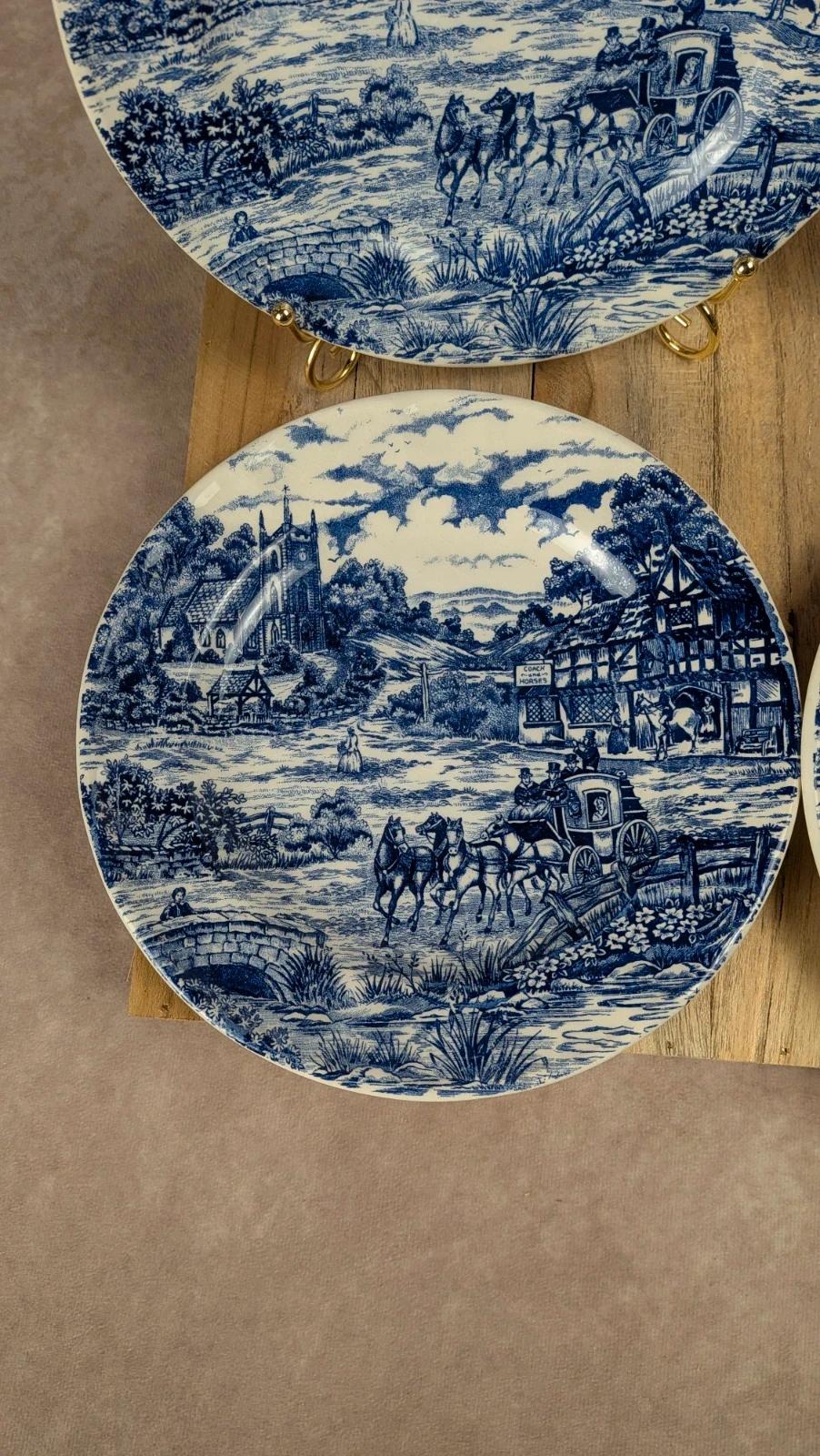 Lot de 4 assiettes à dessert décor village anglais – bleu & blanc