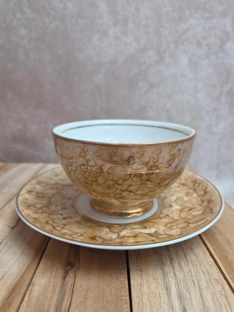 Ensemble tasse & bol en porcelaine Karolina – décor marbré or – Made in Poland