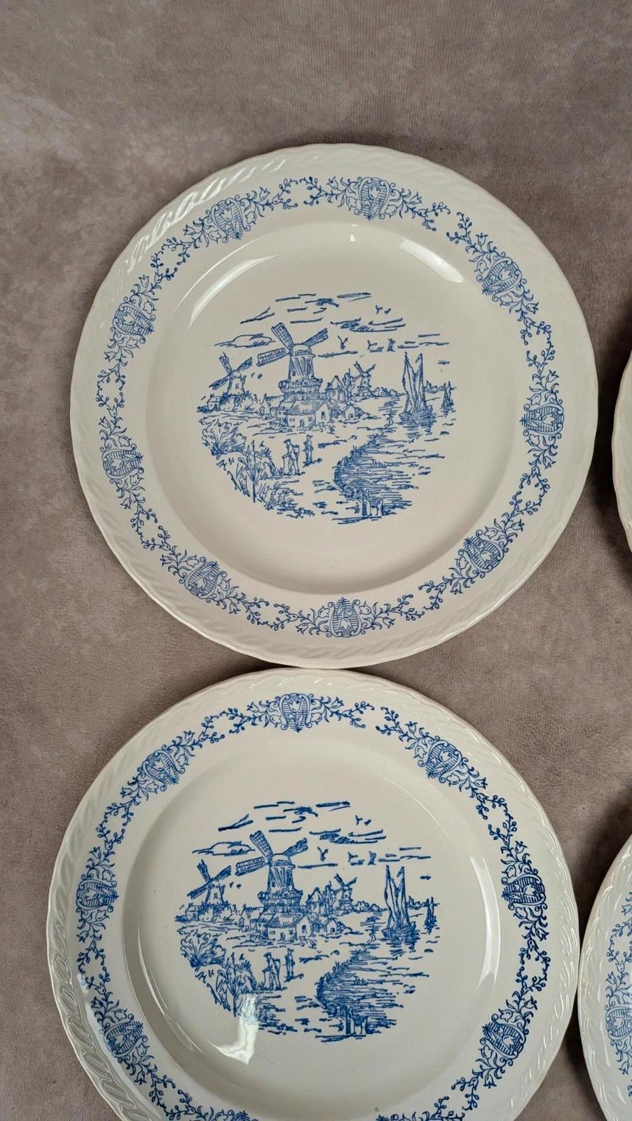 Lot de 6 assiettes plates anciennes Rotterdam décor bleu moulin