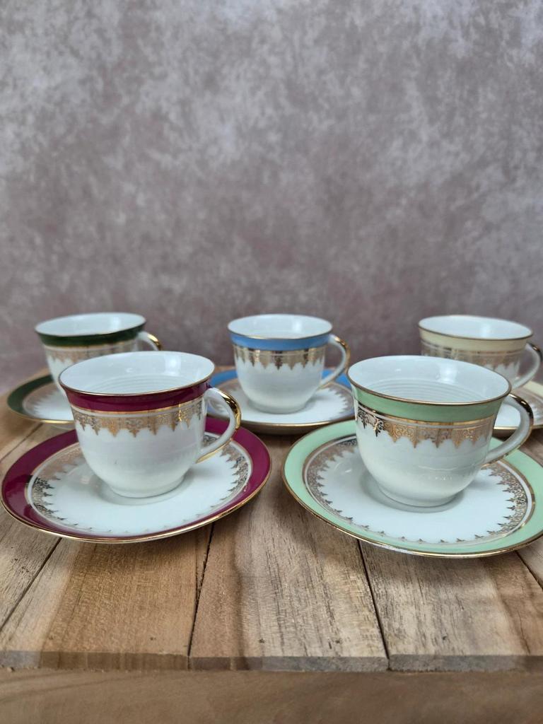 Lot de 5 tasses et soucoupes vintage en porcelaine de Limoges multicolore