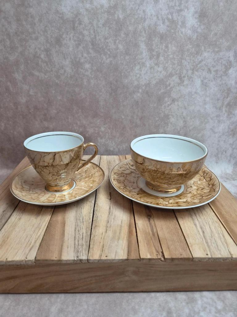 Ensemble tasse & bol en porcelaine Karolina – décor marbré or – Made in Poland