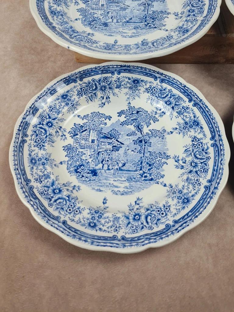 Lot de 6 assiettes plates Kg Lunéville, modèle The Cottage, décor bleu grand feu 🇫🇷