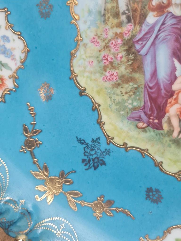 Plat mural ancien porcelaine de Saxe E.s bleu Sèvres décor romantique 29 cm